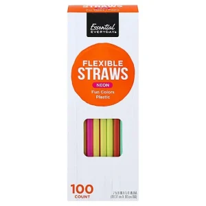 Essential Everyday Straws, Flexible, Neon, Fun Colors, Plastic 100 Ea